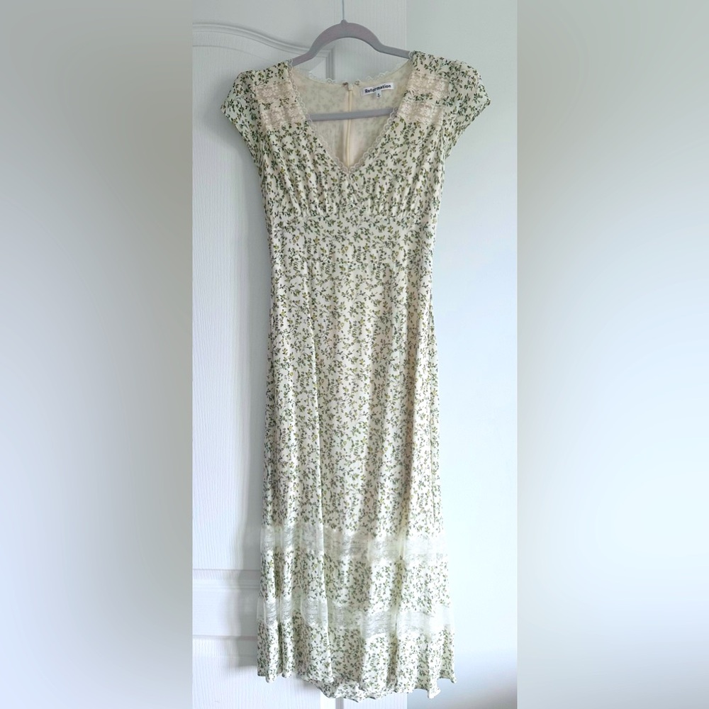 Reformation Floral Midi Dress in Cream and Green